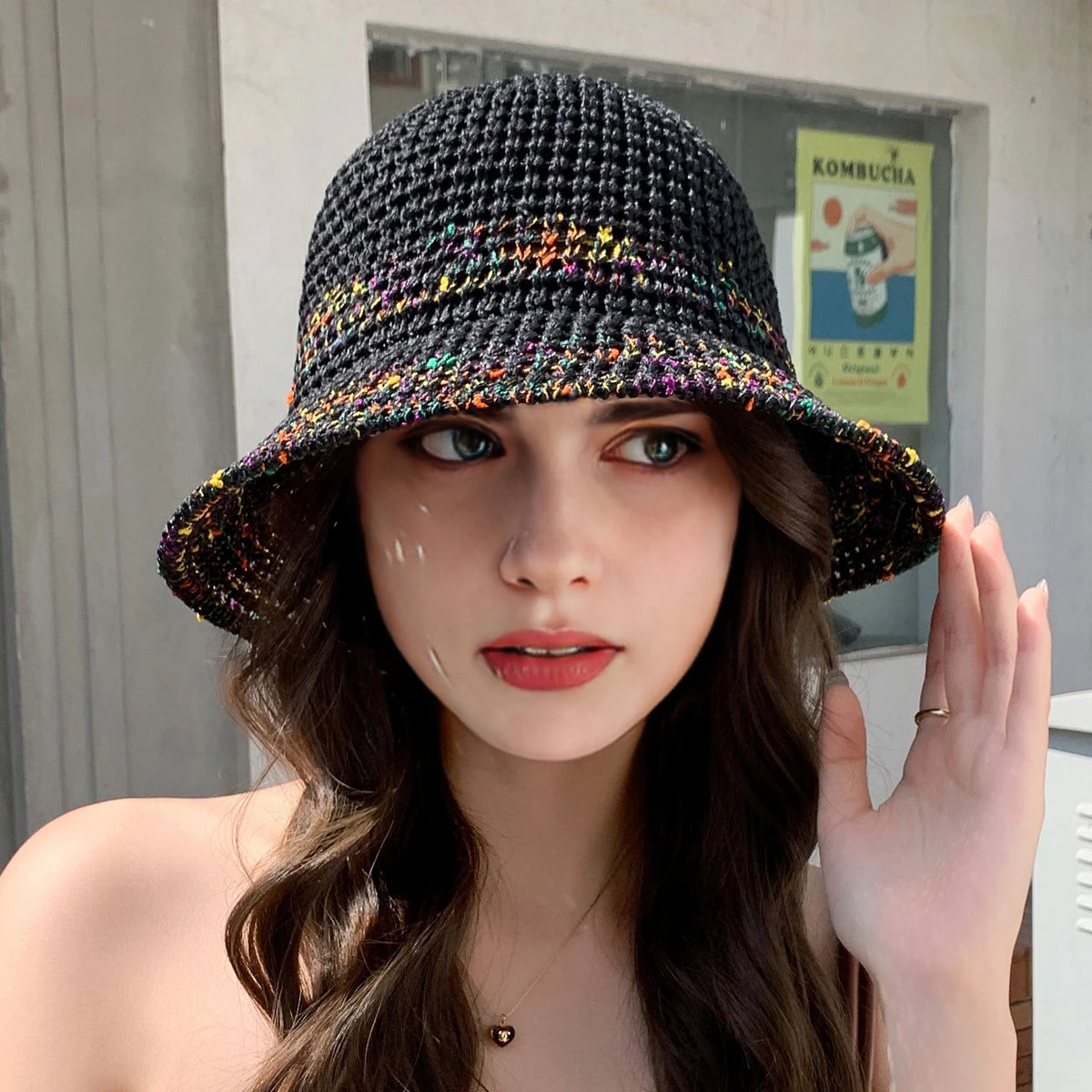1 Womens Knitted Rainbow Gradient Hollow Hat Outdoor Leisure Fisherman Hat for Daily Use 250320