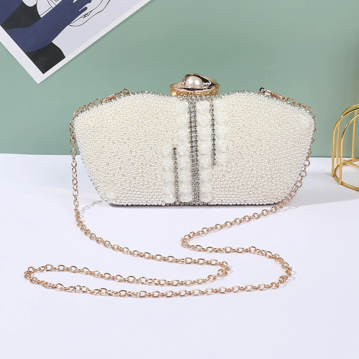 Water Diamond Night Bag Chain Clutch Bag Set Diamond Pearl Single Shoulder Used for Wedding Party Dress Made of Crystal 250320