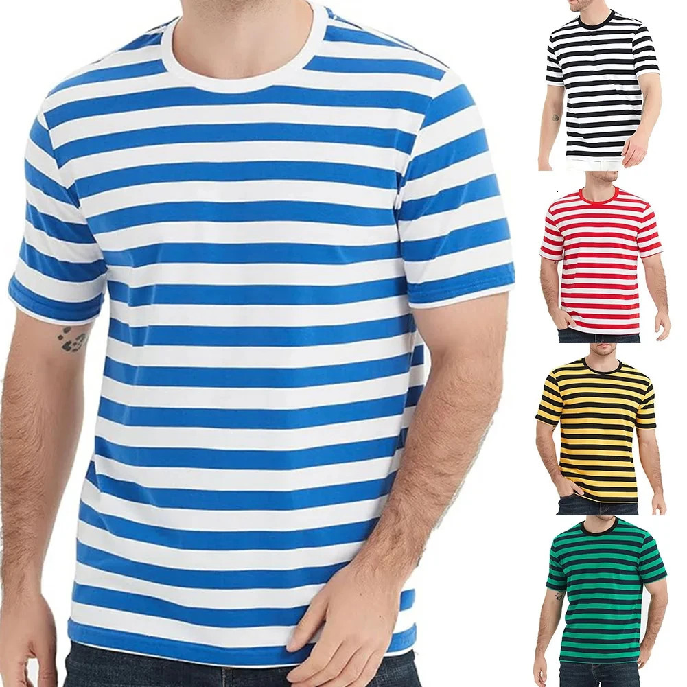 Summer Mens Clothing ONeck Top TShirt Green Holiday Polyester Red Short Sleeve Striped Black Breathable Casual Fashion 250311