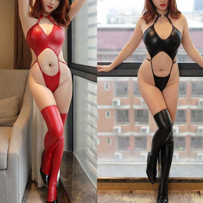 Sexy PU patent leather neck loop suspender PU patent leather jumpsuit, dead pool water fun lingerie, tight fitting swimsuit 200401 250315
