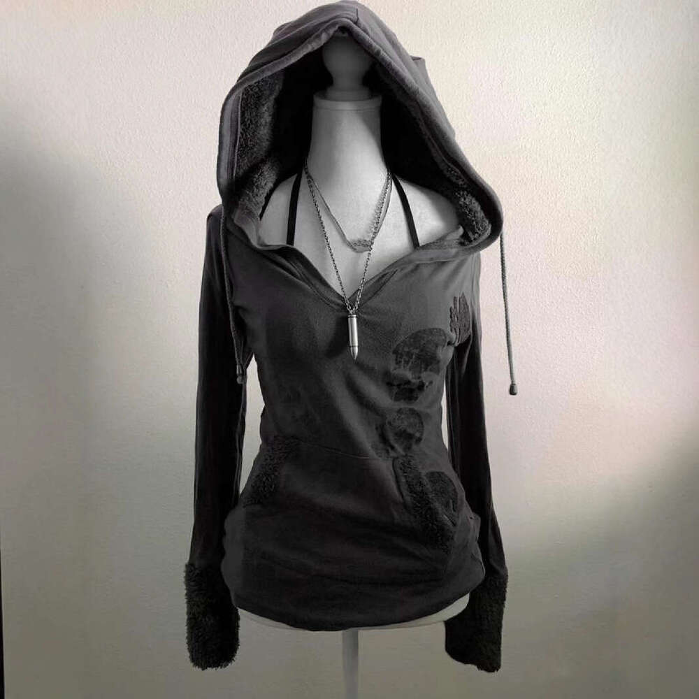 American ruins, antique prints, waist cinching, spring and autumn tops, gray lambhair hooded sweatshirt