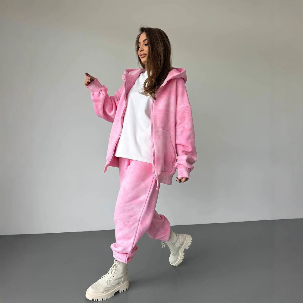 Early autumn lazy style suit tie dye long sleeved zipper hooded sweatshirt, high waist straight leg casual sweatpants, women's high-end feel