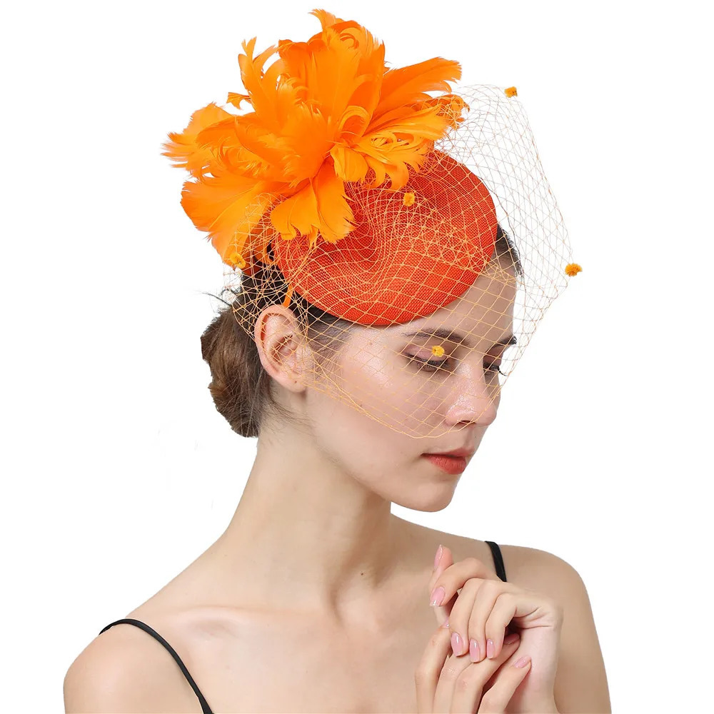 Orange Linen Cocktail Fascinator Hat Derby Millinery Hair Accessories Elegant Cover Face Veils Feather Flower Headband 250320