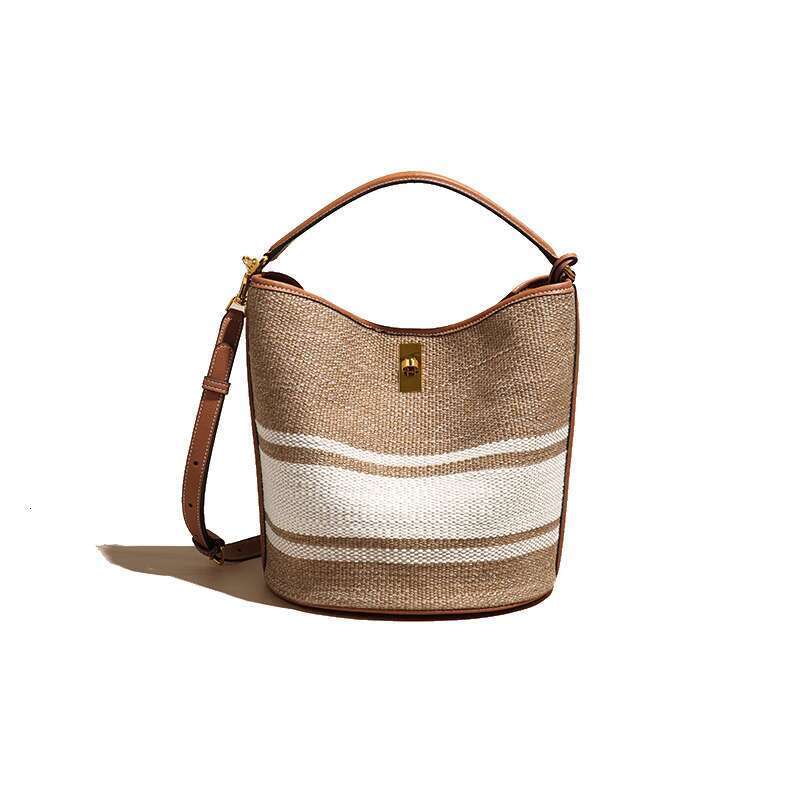 Women's Bags new niche design bucket high-end sense, contrasting color canvas woven bag, handle bag