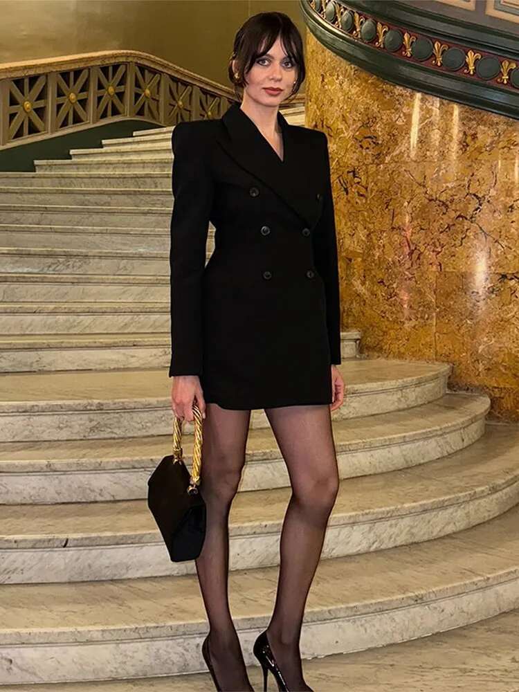 Silhouette Suit Coat Short Dress Waist Cinched V-Neck Shoulder Pads Suits Outwear Double Breasted Slimming Commute Jacket Top