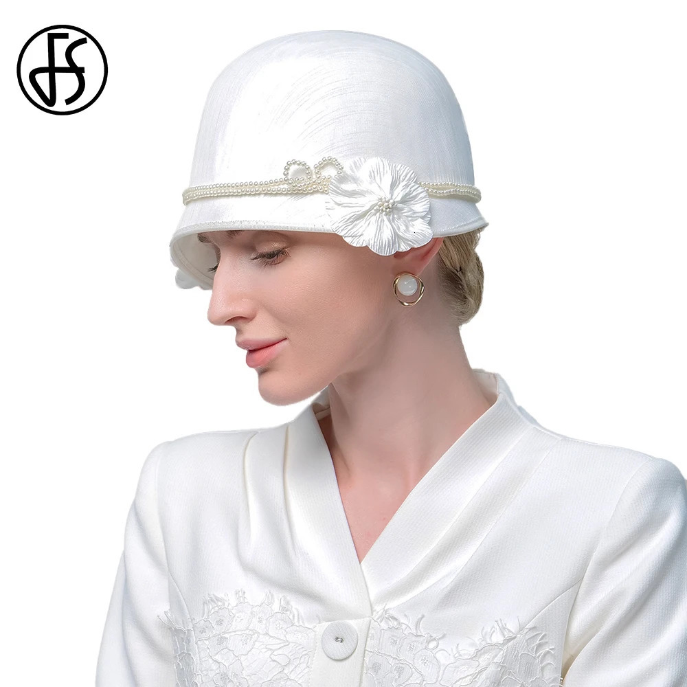 FS Elegant White Black Hat with Flowers Top British Ladies Retro Cocktail Party Hat Wedding Church Millionaire Winter 250320