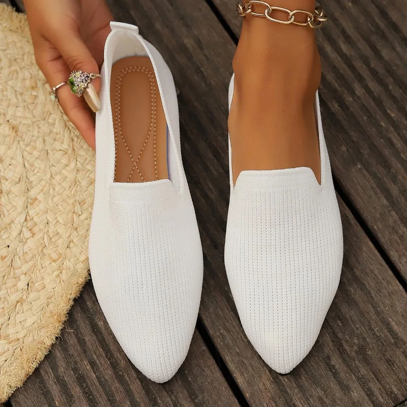 Womens Pointed Toe Flat Shoes Solid Color Knitted Slip on Shoes Casual Breathable Ballet Flats Women Flat Shoes Loafers Women 250317