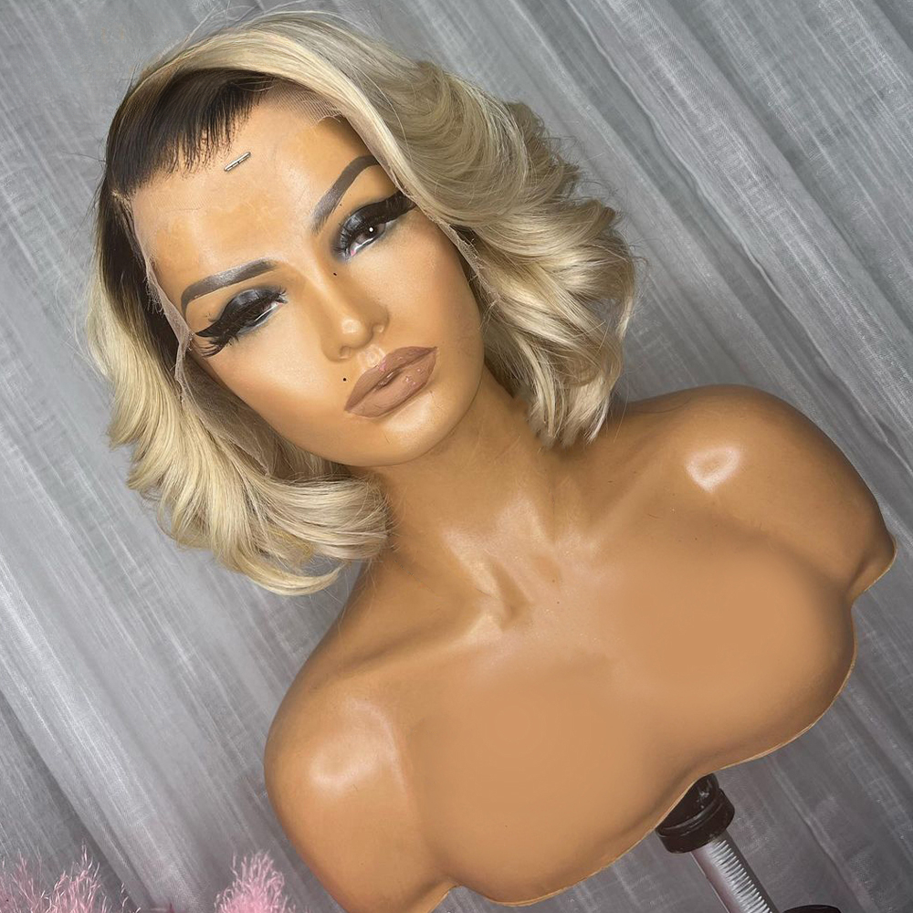 Free shipping 200 Density Peruvian Short Wavy Blonde Bob HD Transparent Pre Plucked Human Hair 13X4 Lace Frontal Wig for Black Women