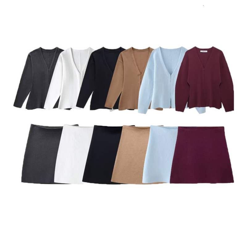 TRAFZA Style Women's Loose Sleeved Knitted Jacket Mini Skirt Set