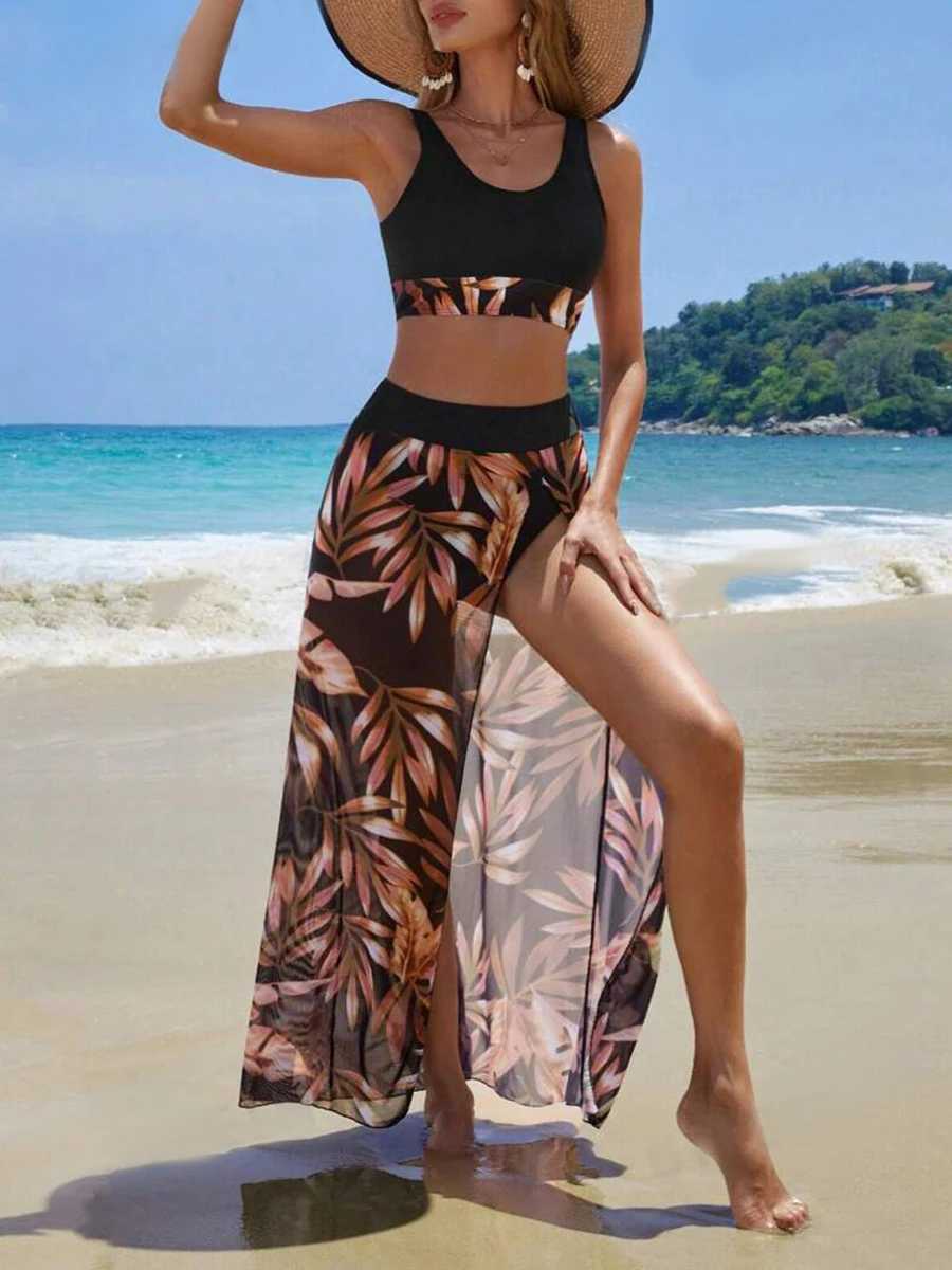 2024 printed three piece bikini with ventilation long swimsuit womens swimsuit Fa bathtub swimming swimsuit beachwearXJ250324