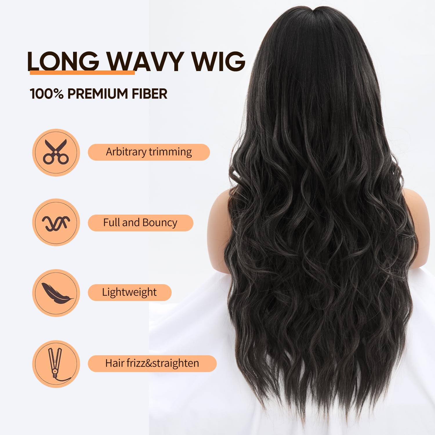 Long Black Wig for Women 1B Wavy Wig with Bangs Natural Looking Synthetic Hair Wigs for Daily Party Use