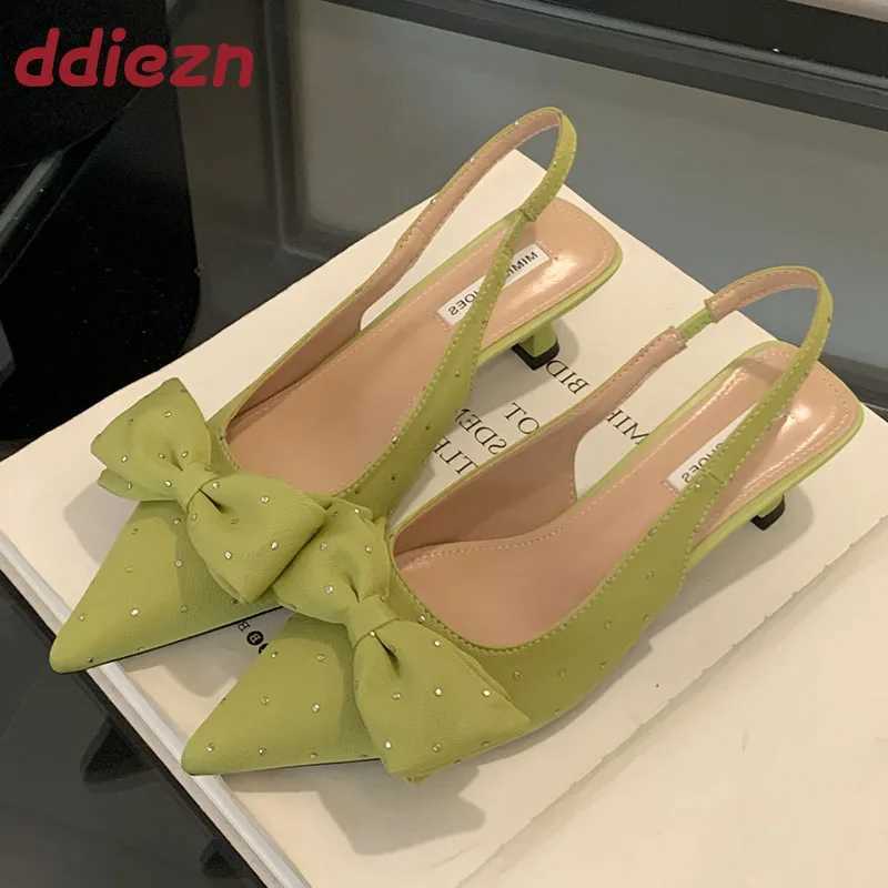 Green Fem Low Heel Footwear Shallow Wen -Knot Fashion Pointed Toe Ladies Heeled Sandals Pumps hot Shoes Z250325