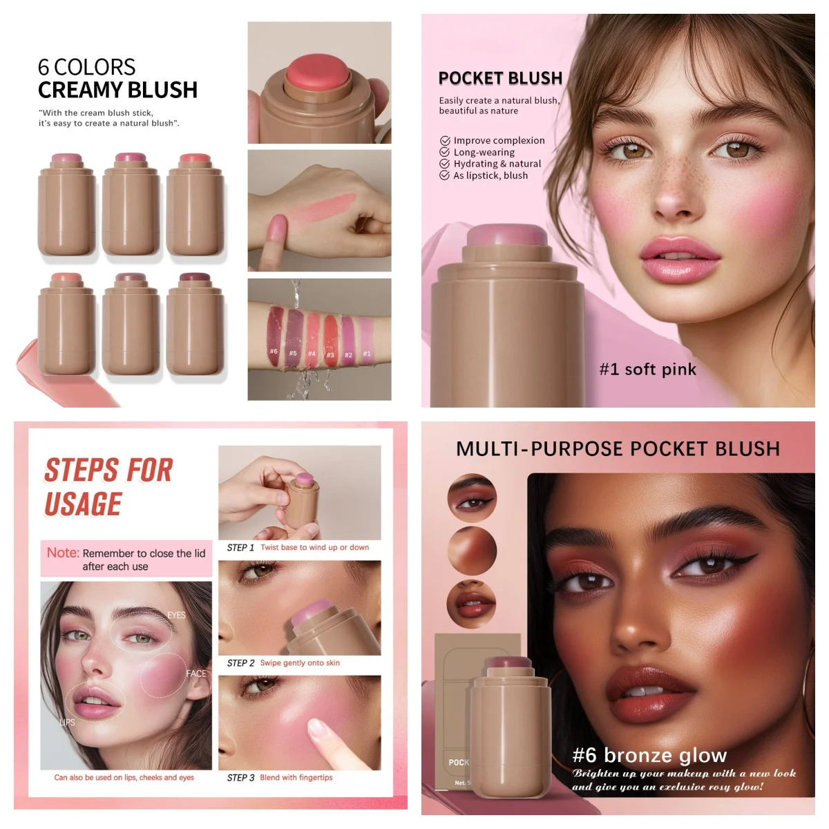 Pink Beauty Multi-use Blush Stick For Lips Cheek Long-lasting Hydrating Highlights Brighten Soft Natural Flush Cream Blush Stick 250324