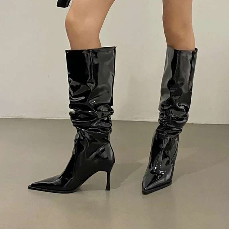 Women Leather Sexy High Heels Pointeed Toe Shoes Woman Trend Fashion Party Boots Pumps New Mujer Snow Botas