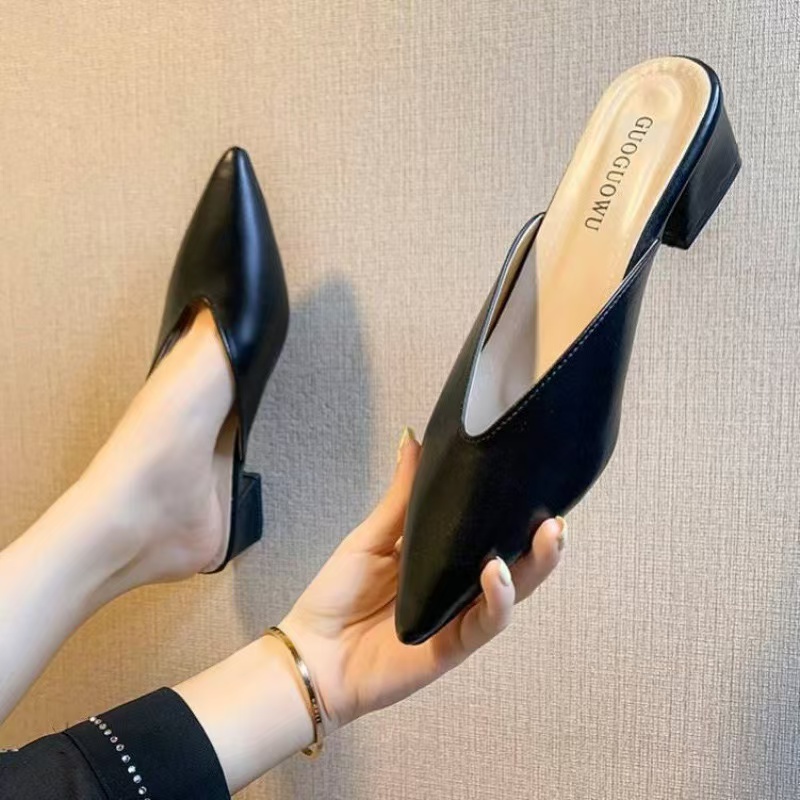 mules square woman toe high heels New slippers Korean designer V open soft leather outdorr slides lazy shoes female sandalias