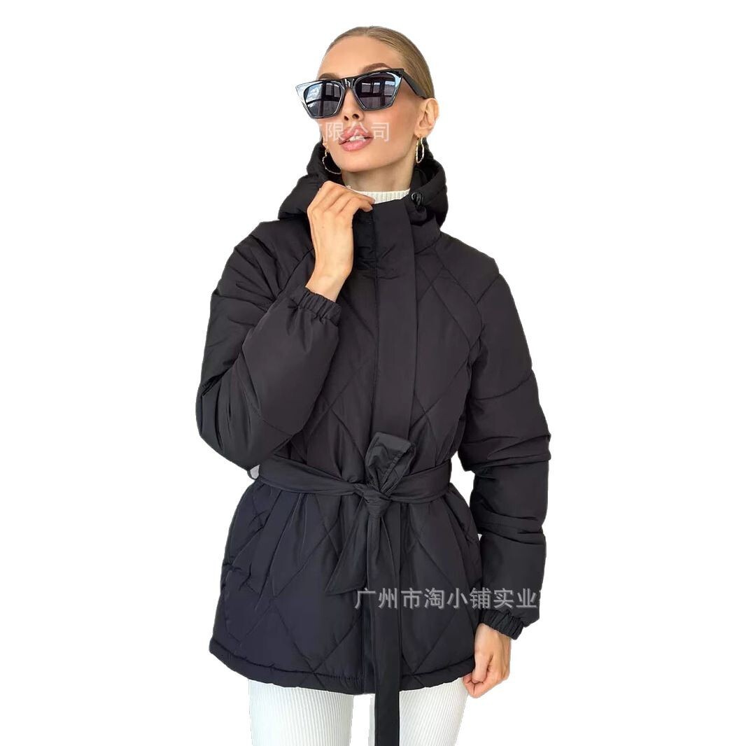 2025 Hooded Cotton New Product Thickened Autumn/Winter Fashion Jacket Women's Solid Color Belt Warm Coat Zipper