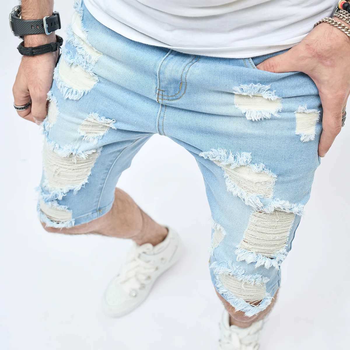 Summer Ripped Shorts Jeans Mens Hip-Hop Denim Pants Stretch Light Blue Fashion Slim Straight Male Denim Shorts T250603