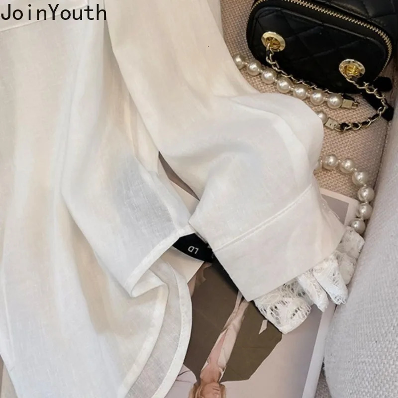 Camisas De Mujer white long sleeved shirt womens shirt patch work lace fashion shirt see through oversized sexy top 250322