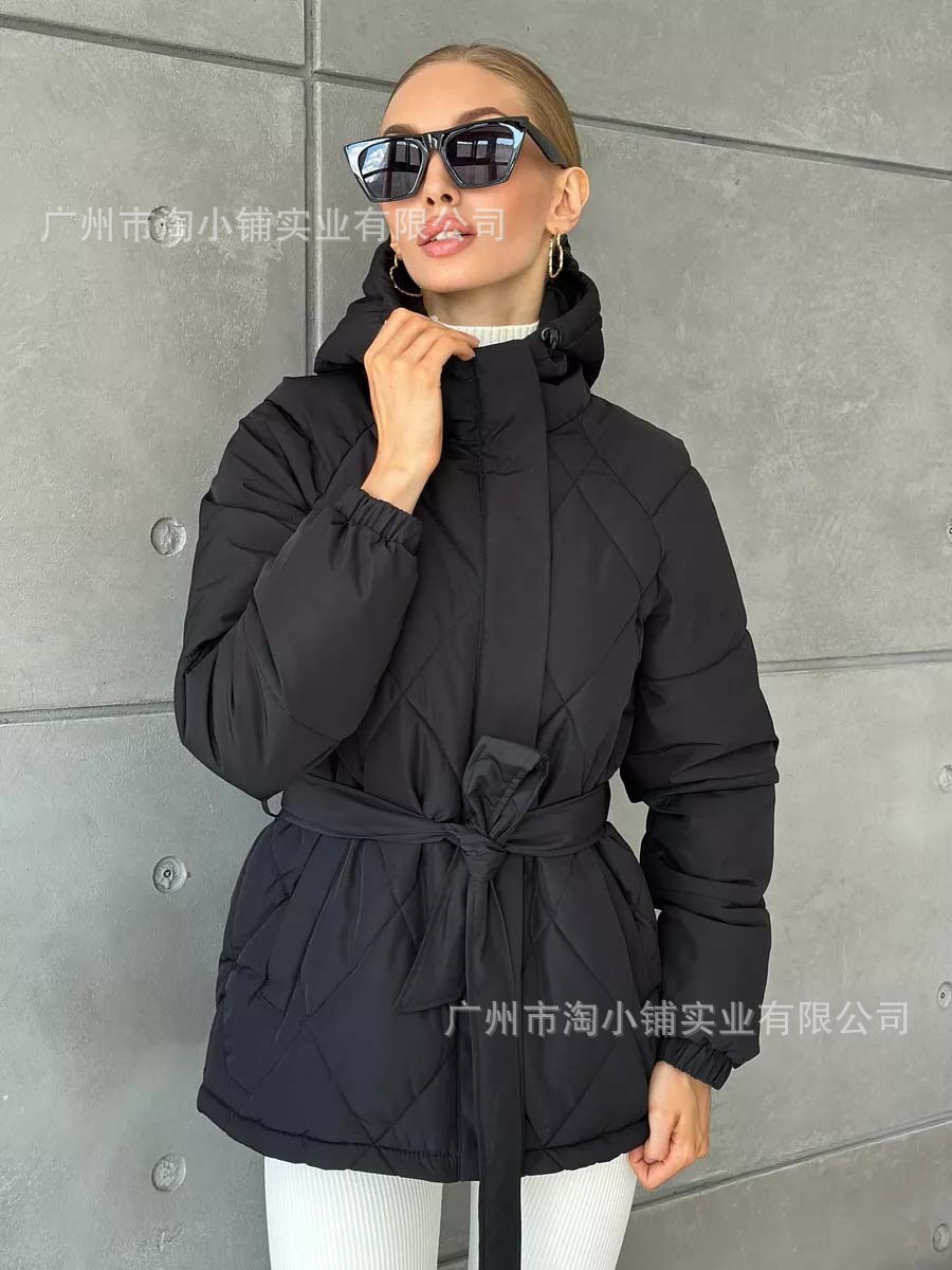 2025 Hooded Cotton New Product Thickened Autumn/Winter Fashion Jacket Women's Solid Color Belt Warm Coat Zipper