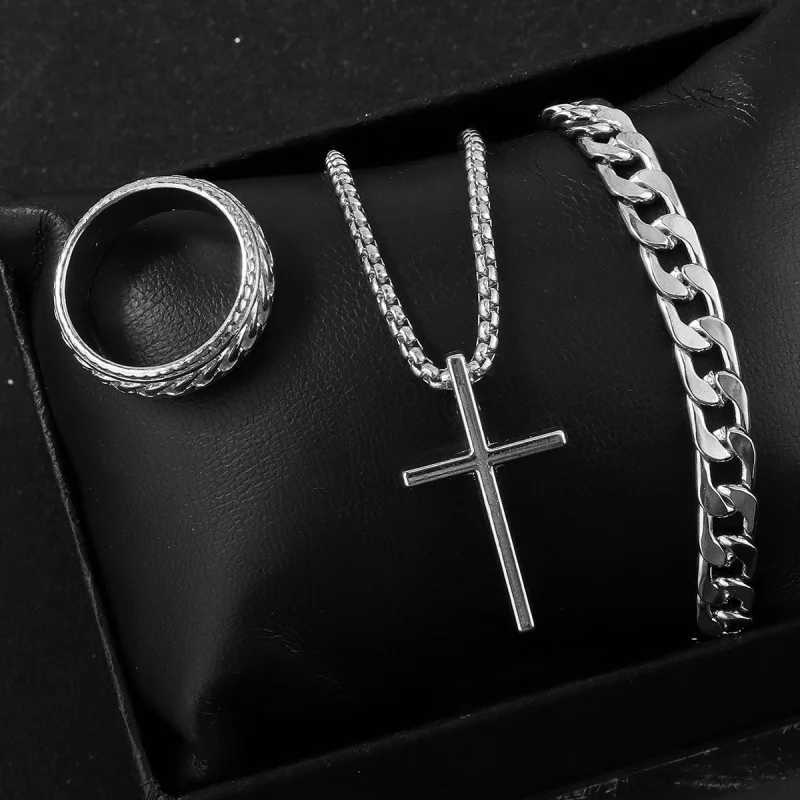 3 pieces/set Punk Black Cross Pendant Necklace Thick Chain Bracelet Ring Fashion Jewelry Set for Men Autumn W250325