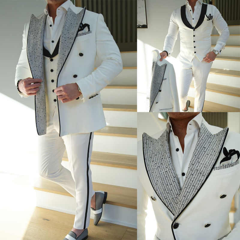 Classic Wedding Tuxedos Double Breasted Men Suit Peaked Lapel 3 Piece Set Jacket Vest Pants Formal Business Blazers Customized