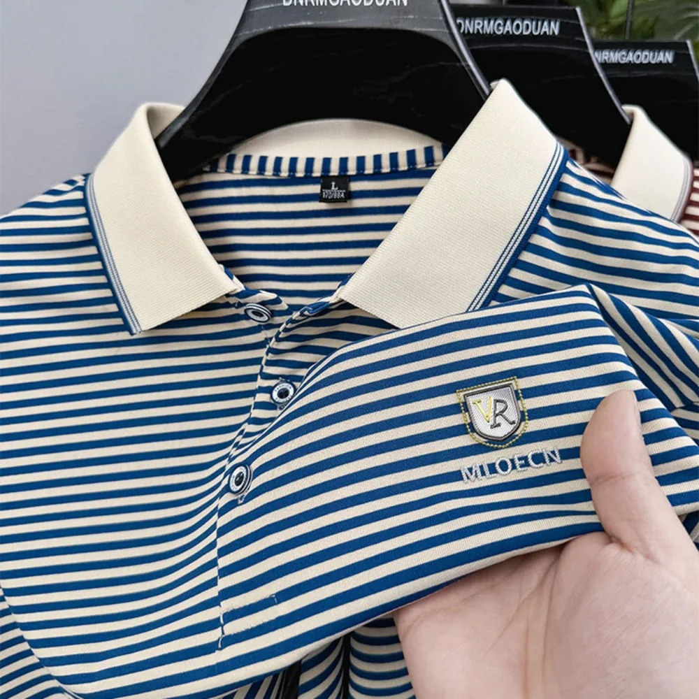 Spring and Autumn Mens Long Sleeve Casual Tshirt Daily Collar Polo Striped Clothing 250311