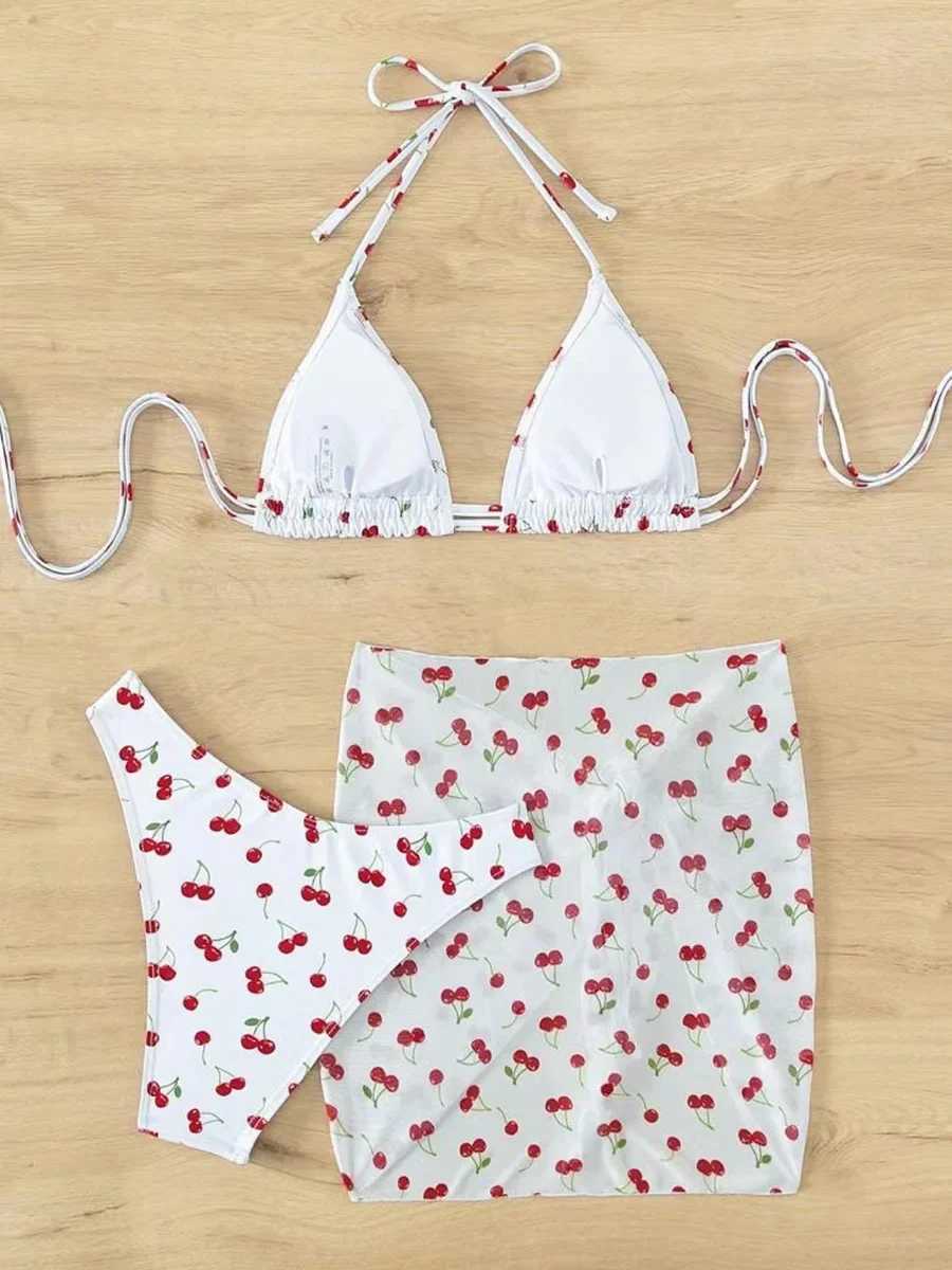 Sarong Skirt cherry print bikini with mesh Fa swimsuit womens swimsuit three piece bikini set swimsuitXJ250324