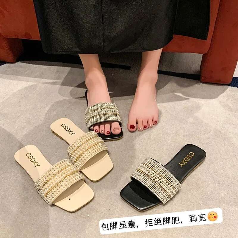 Designer Flat square head women's slippers casual everything home bedroom beach shoes