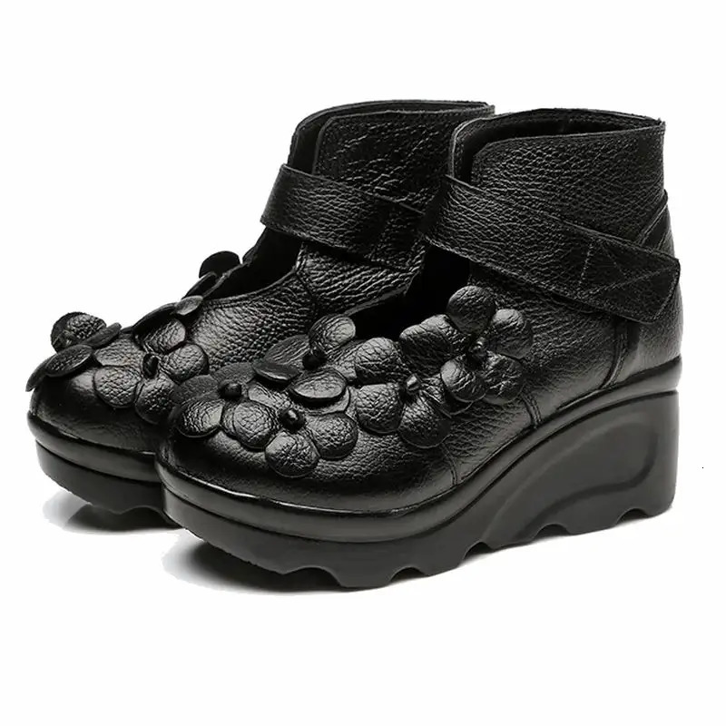 2025 Handmade Flower Womens Boots Round Toe Genuine Leather Ankle Wedge Shoes Retro 250317
