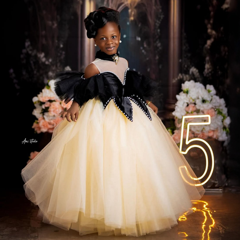 2025 Aso Ebi Flower Girl Dresses Children Birthday Dress Illusion High Neck Appliqued Beaded Lace Tiered Tulle Princess Queen Ball Gown For Marriage F