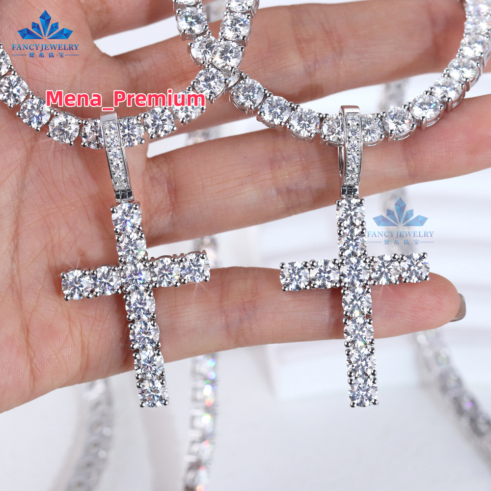 Hip Hop Jewelry 925 Silver White Iced Out VVS Moissanite Diamond Geometry Necklace Men 5mm Moissanite Cross Pendant