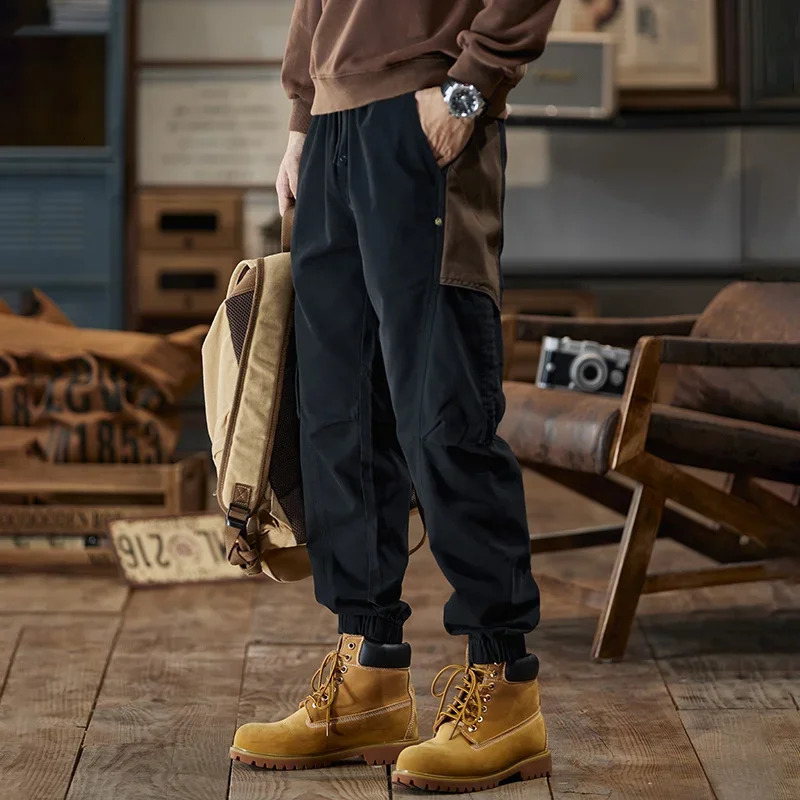 Mens retro patch work pants autumn pockets comfortable jogging casual outdoor elastic waist Trousers 250322