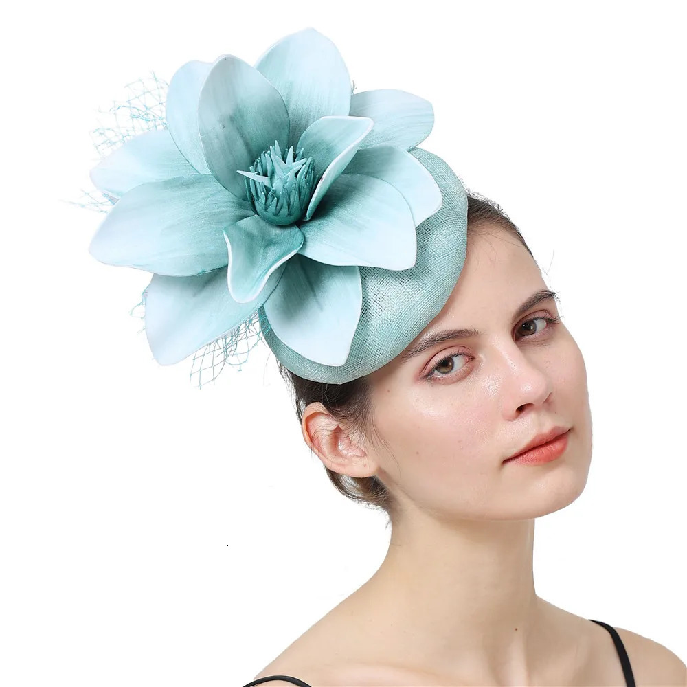 Light Blue Millinery Cocktail Fascinator Hat Foral Linen Derby Event Hair Accessories Women Foam Flower Headband High Quality 250320