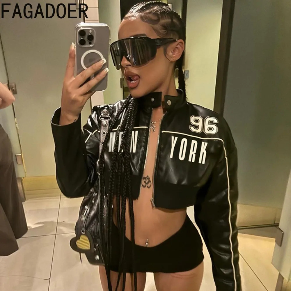 FAGADOER Y2K Leather Jacket Womens Black Letter Printed Motorcycle Punk Coat Zipper Cut Jacket Girl Street Clothing 250322