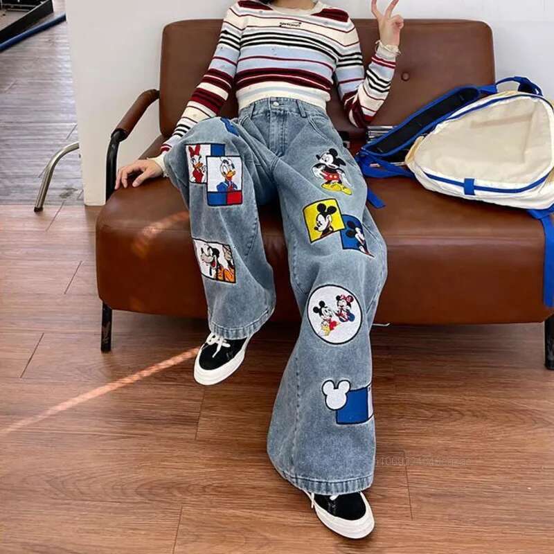 Fun Cartoon Embroidered Jeans Women Spring New Loose Fit Bmerican Style Denim Trend Casual Wide Leg Pants