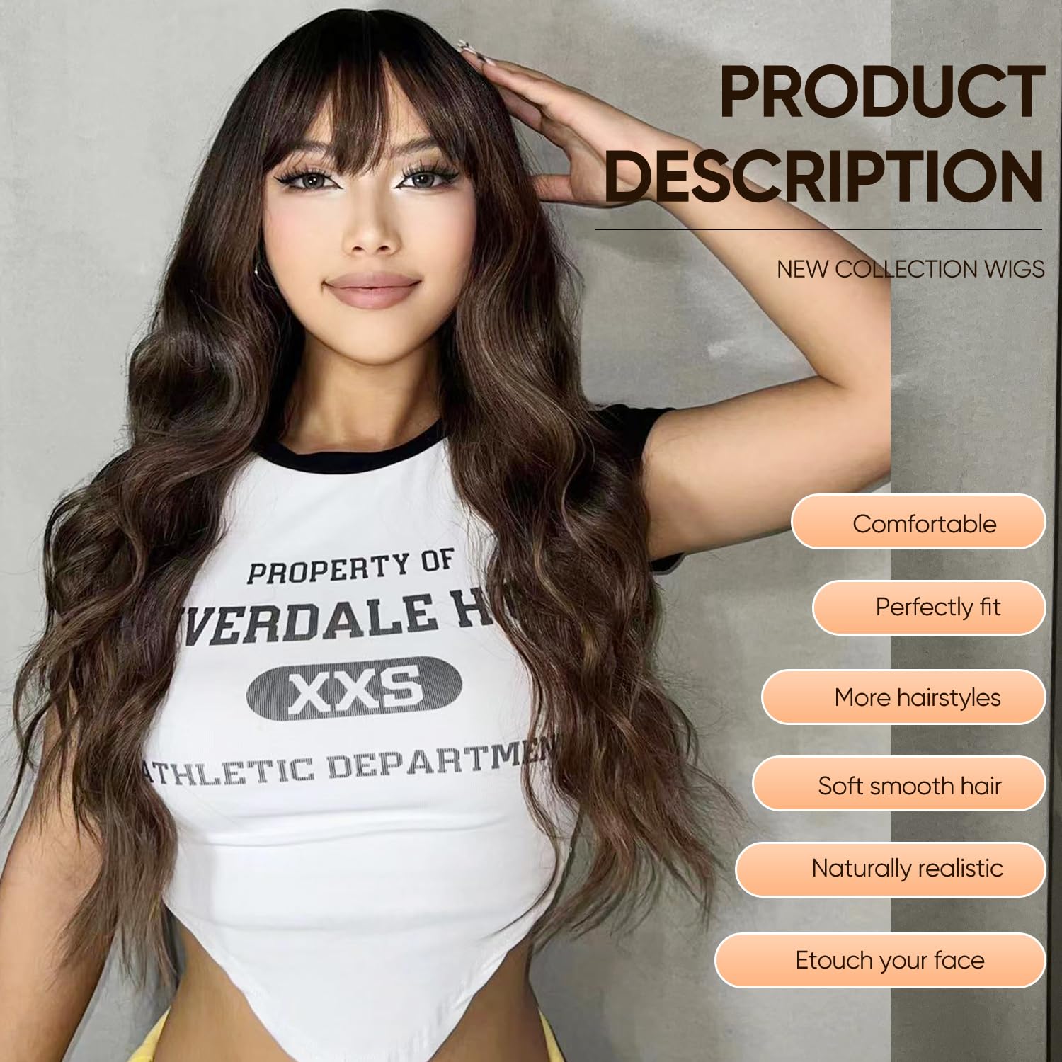 Long Chocolate Brown Wig with Bangs Dark Brown Women Long Wavy Hair Wig Curly Wavy Synthetic Wigs for Girls Daily Party Use(26 inch)