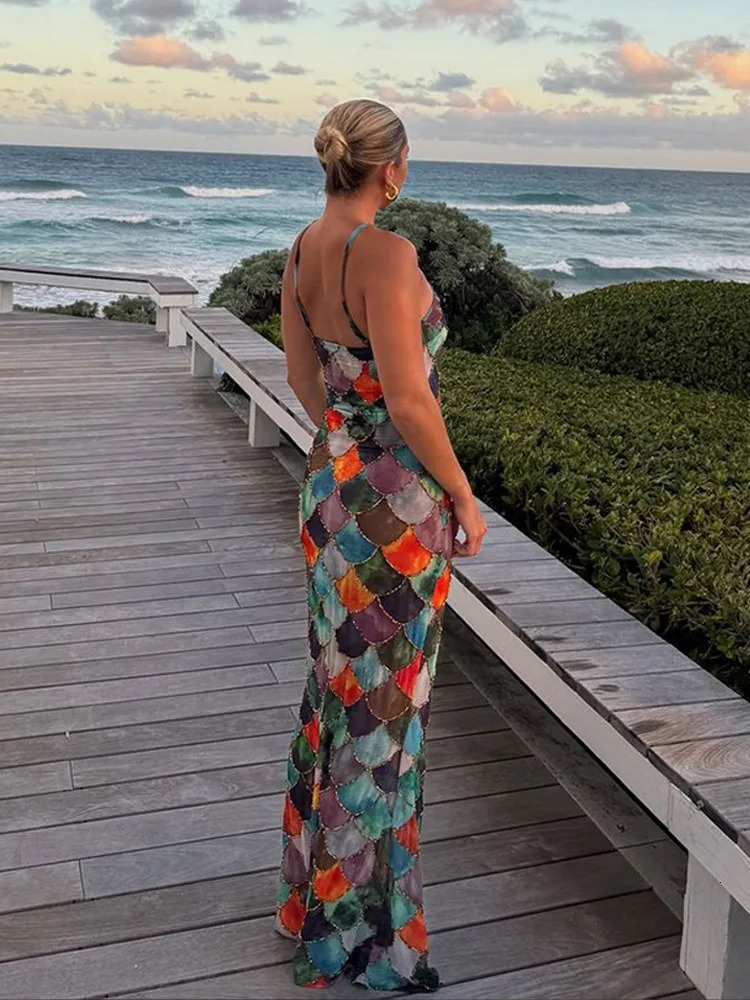 Chic Fish Scale Print Halter Backless Maxi Dress Women Sexy Sleeveless Bodycon Contrast Vestidos Summer Vacation Beach Dresses 250320