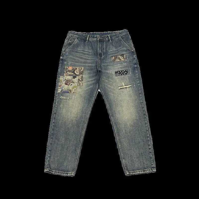 Men's Pants Laundry retro patched work jeans with patches mens loose straight leg pants street trend z250325