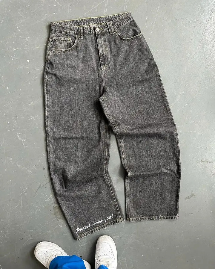 PROTECT Jeans Y2K Harajuku Hip Hop Graphic Oversized Retro Blue Baggy Jeans Mens Womens High Waist Wide Leg Trouser 250325