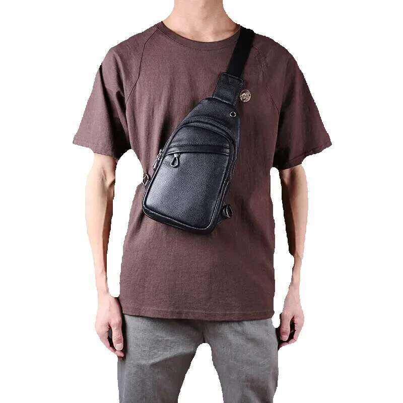 Men's Leather Chest Bun Head Layer Real Cowhide Crossbody Casual Retro Youth All-In-One Shoulder Classic Men's Bag