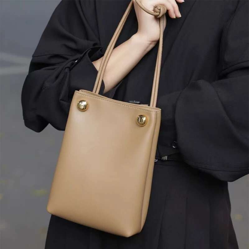 Brand Cowhide Crossbody Bucket Women's 2025 Spring New Magnetic Buckle Portable Handbag Ladies Simple Style Evening Bag