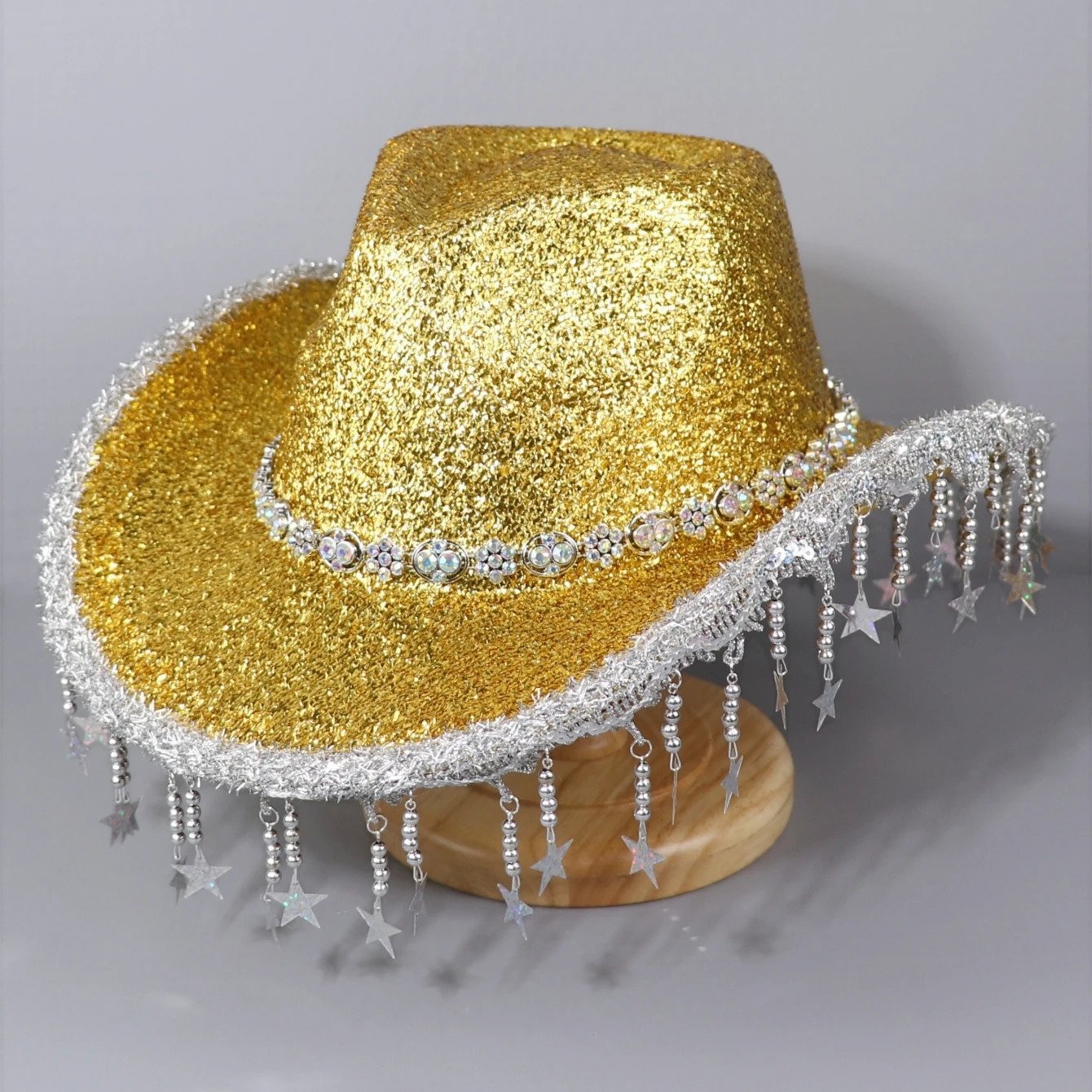 A western cowboy hat for men and women bright silk material with colorful Rhinestone decoration star beaded pendant 250322