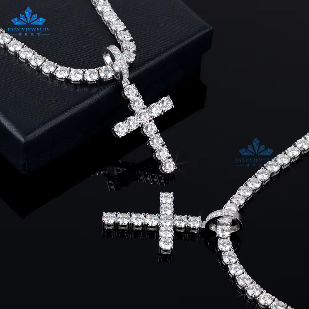 Hip Hop Jewelry 925 Silver White Iced Out VVS Moissanite Diamond Geometry Necklace Men 5mm Moissanite Cross Pendant