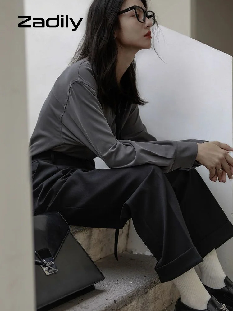 Spring Minimalist Long Sleeve Button Up Shirt Women Korean Style Solid Tie Oversize Shirts Blouse Loose Clothes Autumn Tops 250322