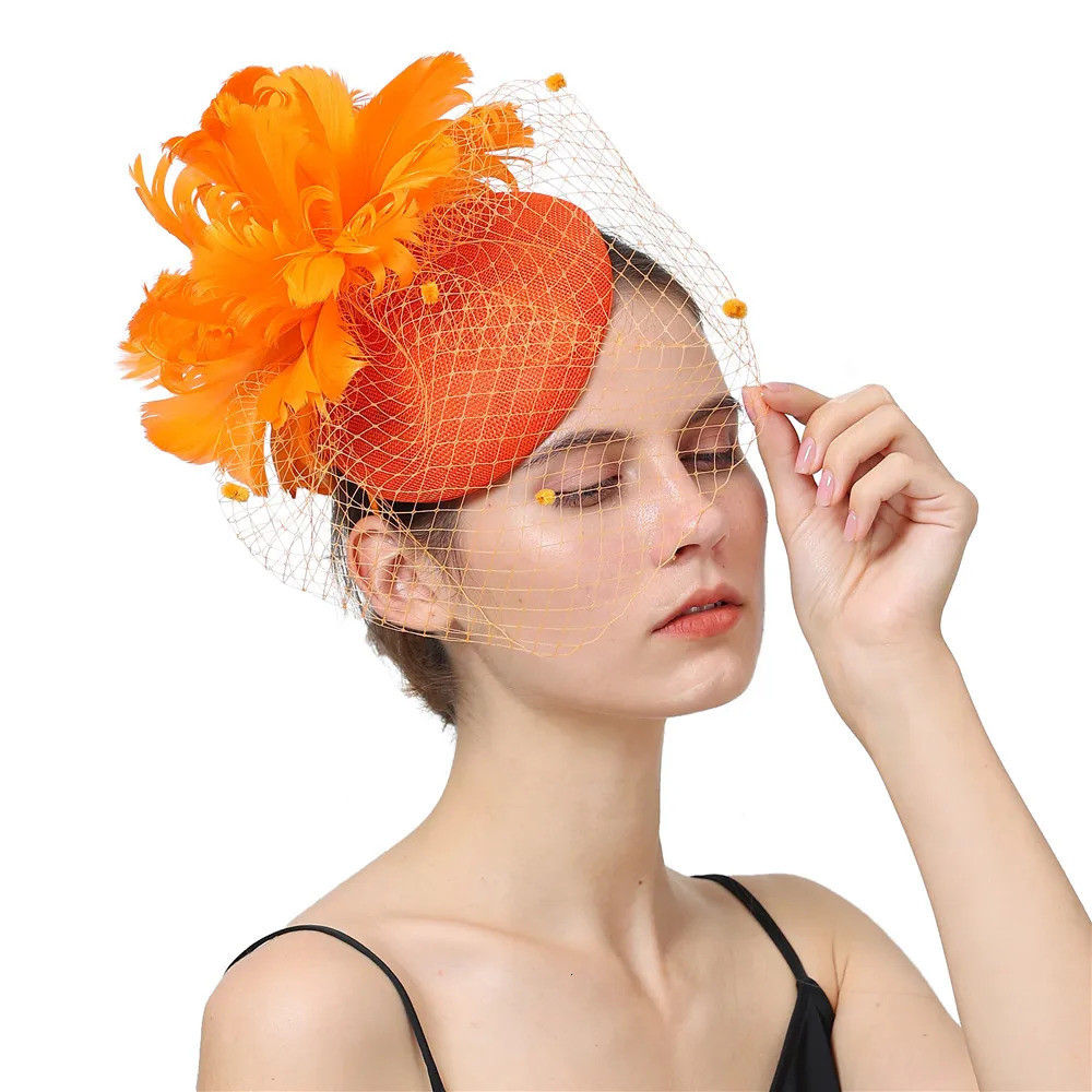Orange Linen Cocktail Fascinator Hat Derby Millinery Hair Accessories Elegant Cover Face Veils Feather Flower Headband 250320