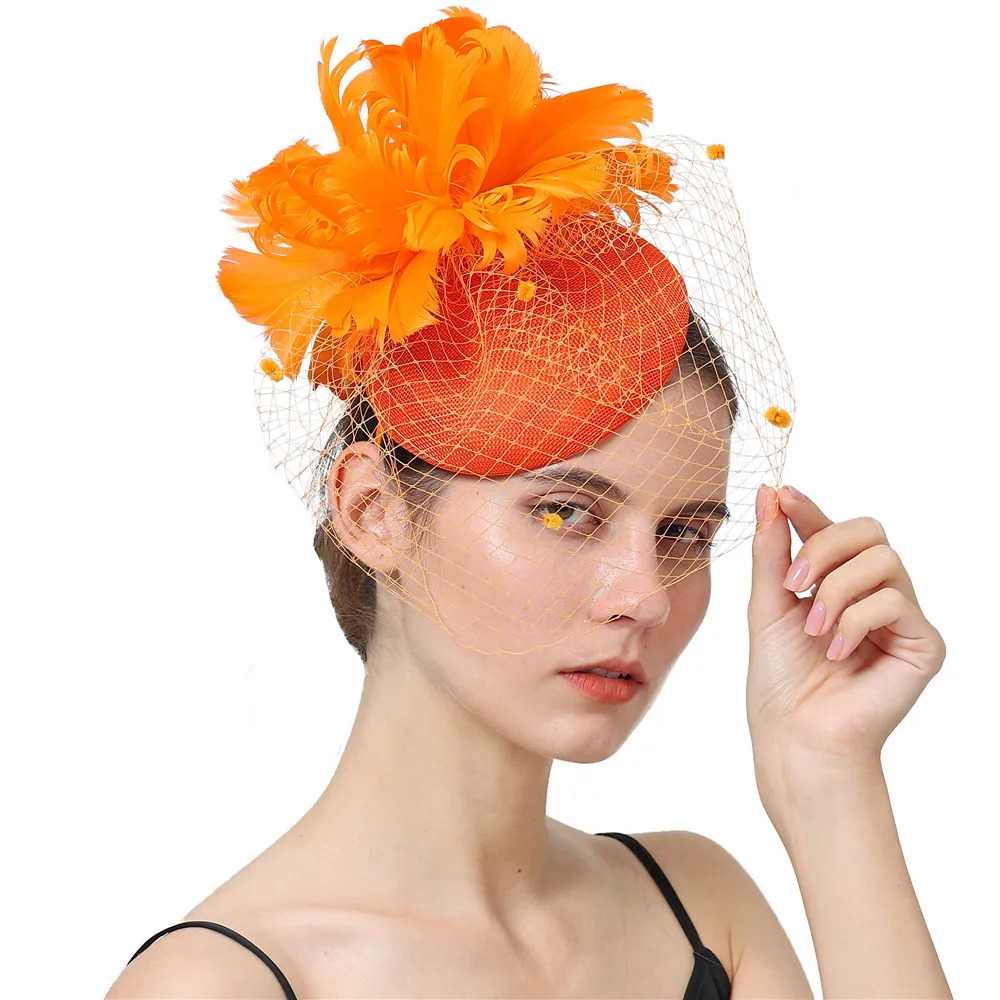 Orange Linen Cocktail Fascinator Hat Derby Millinery Hair Accessories Elegant Cover Face Veils Feather Flower Headband 250320