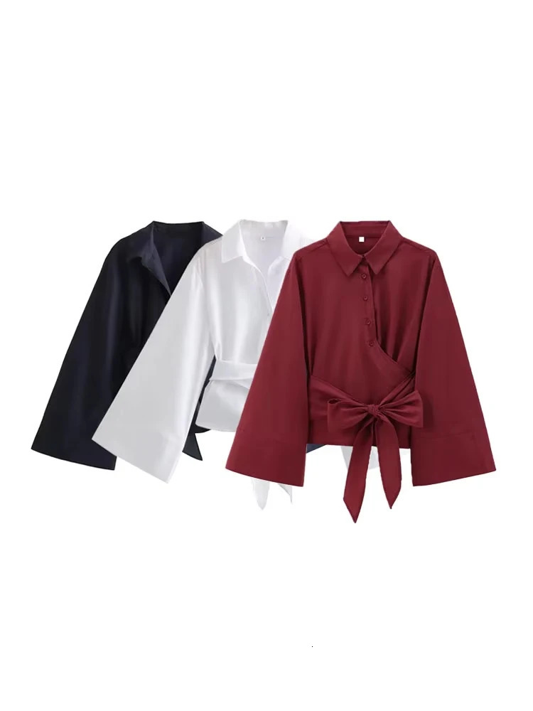 TRZA womens long sleeved kimono top bow tie front button womens shirt chic top fashionable 250322