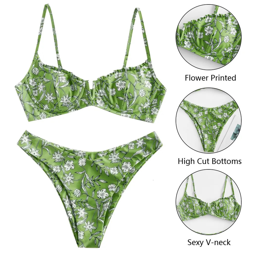 Beach Swimsuit Floral Printed Bikinis Set Push Up Bra Split Tankinis Summer 2pcs Sexy Female Boho Beachwear 250321