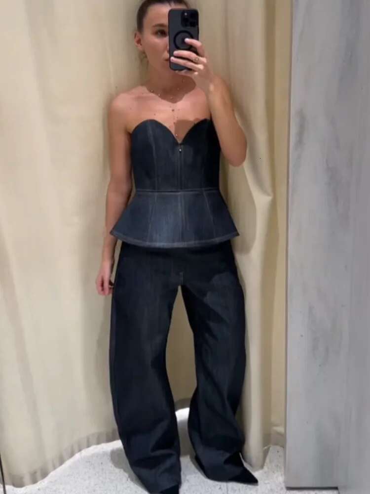 Chic Denim Tube Blazer Pants Suits 3 Pieces Women Notched Single Breasted Jacket Wide Leg Trousers Sets Female Office Spring