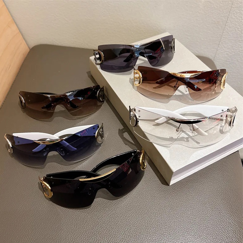 Luxury Sunglasses Y2K Vintage Gradient Women Style Sun Glasses Steampunk Rimless Pilot Goggles Uv400 Glasses for Spicy Girls Cycling One-Piece Punk Br